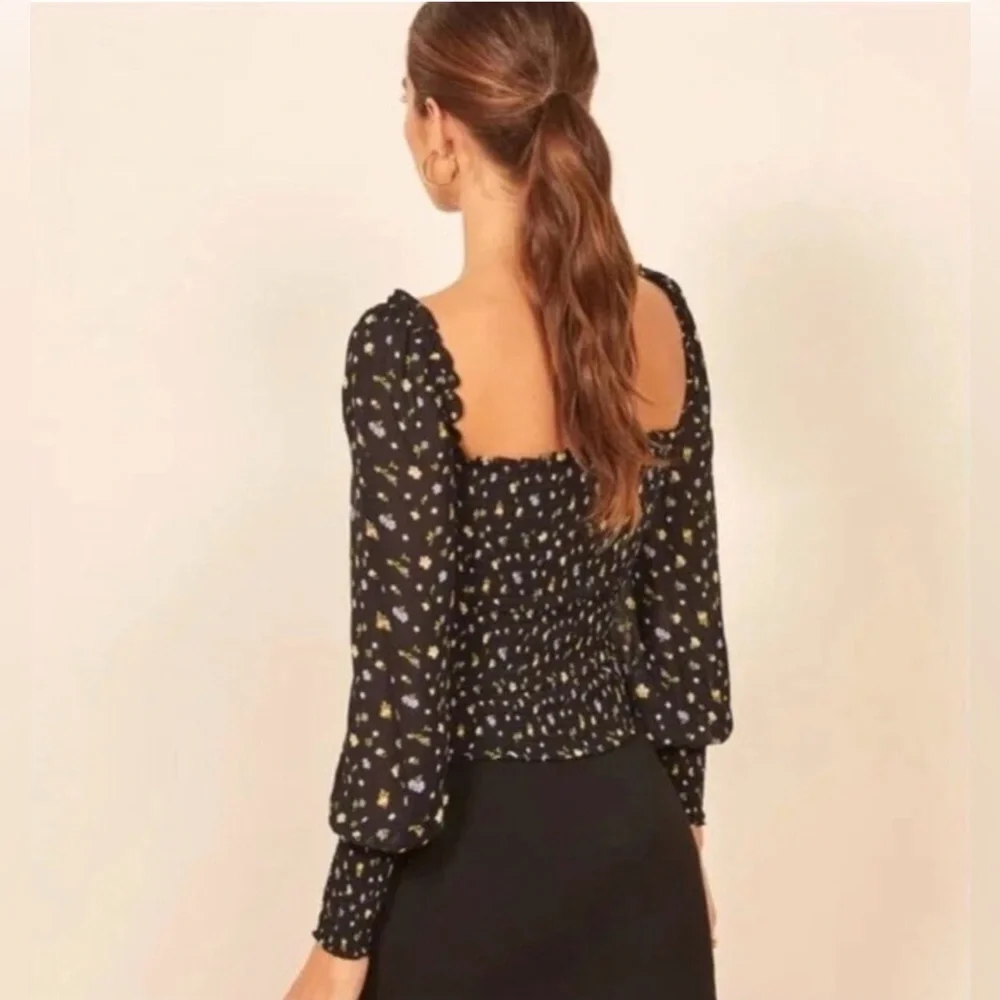 Reformation Pinto Smocked Puff Sleeve in Black Floral